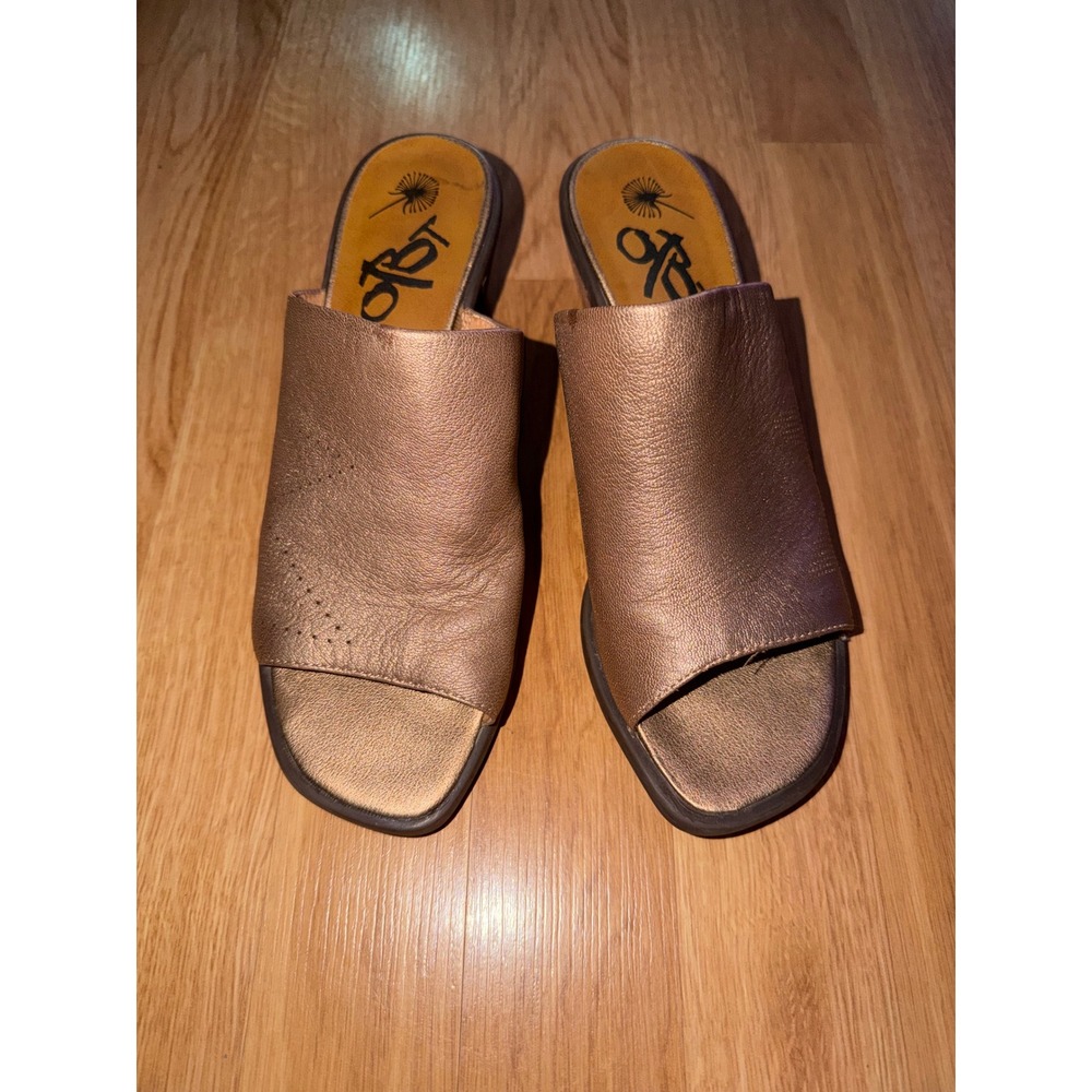 OTBT Women Metallic Bronze Leather Slide Sandals Block Heel Open Toe Mules